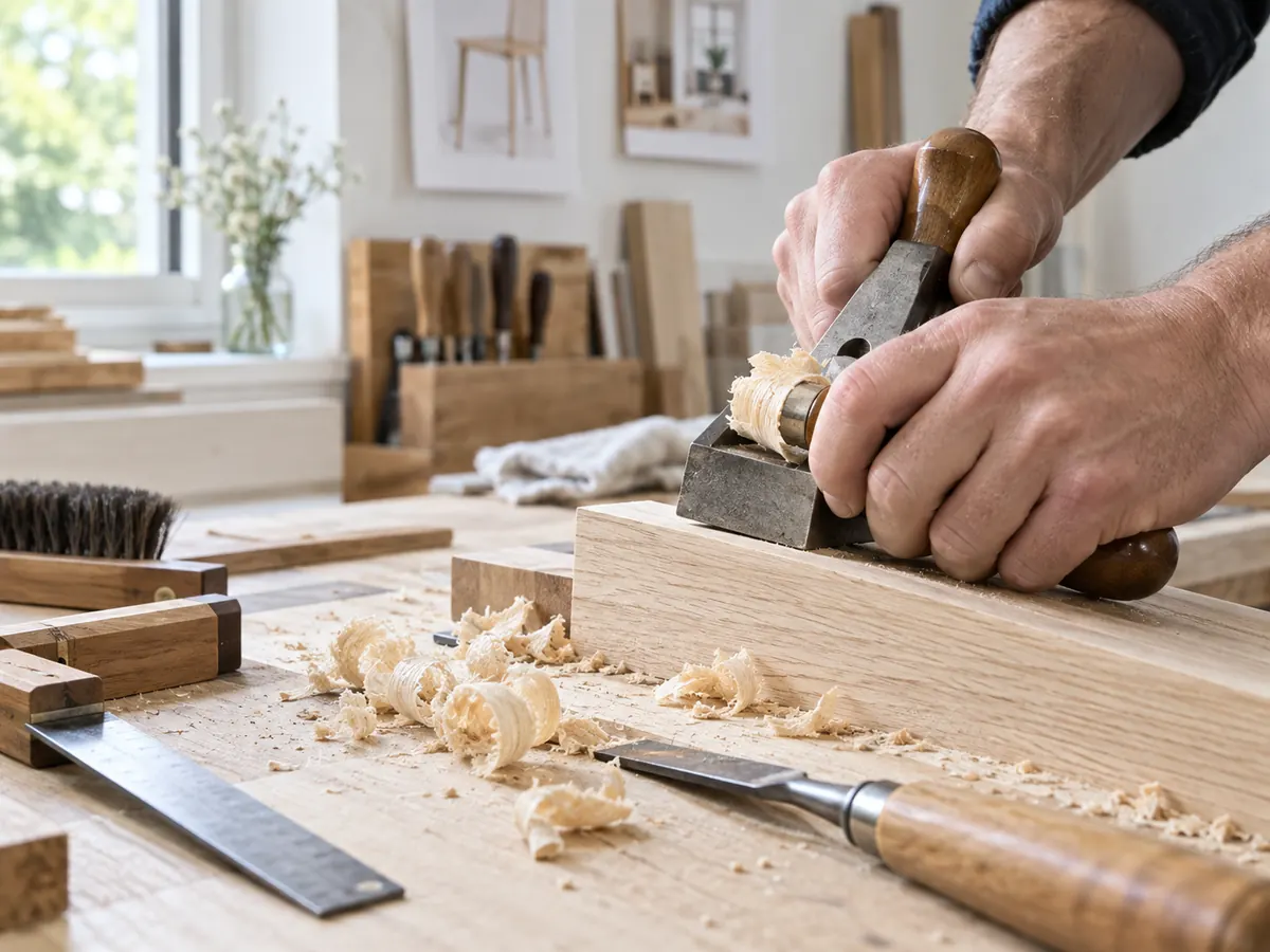 Scène d’illustration : mains travaillant une pièce de bois clair dans un atelier