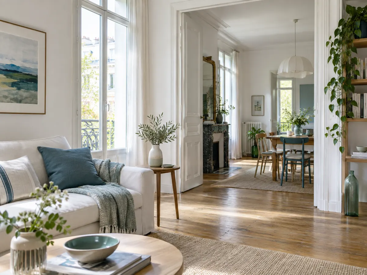 Scène d’illustration : salon lumineux avec textiles, céramique et bois