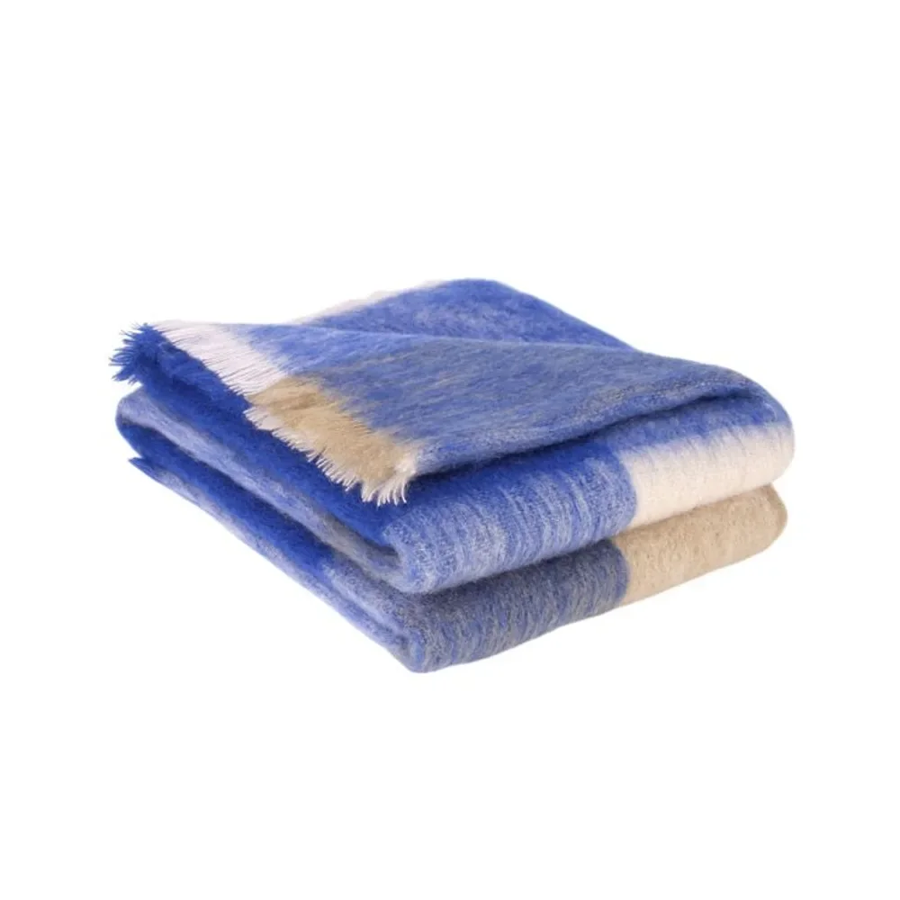 Plaid Mohair Carreaux bleu sur fond blanc