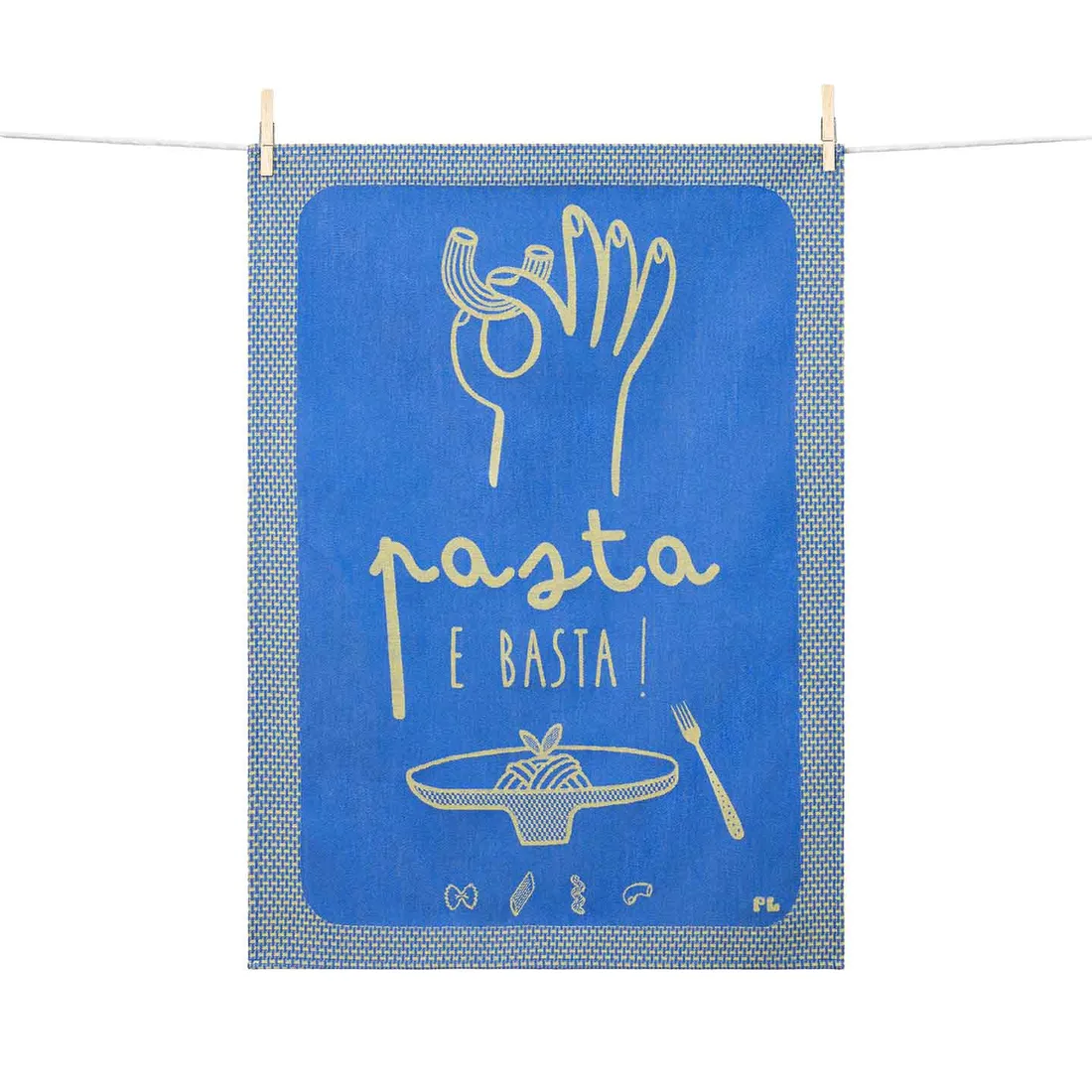 Tissage Moutet Torchon Pasta e basta sur fond blanc