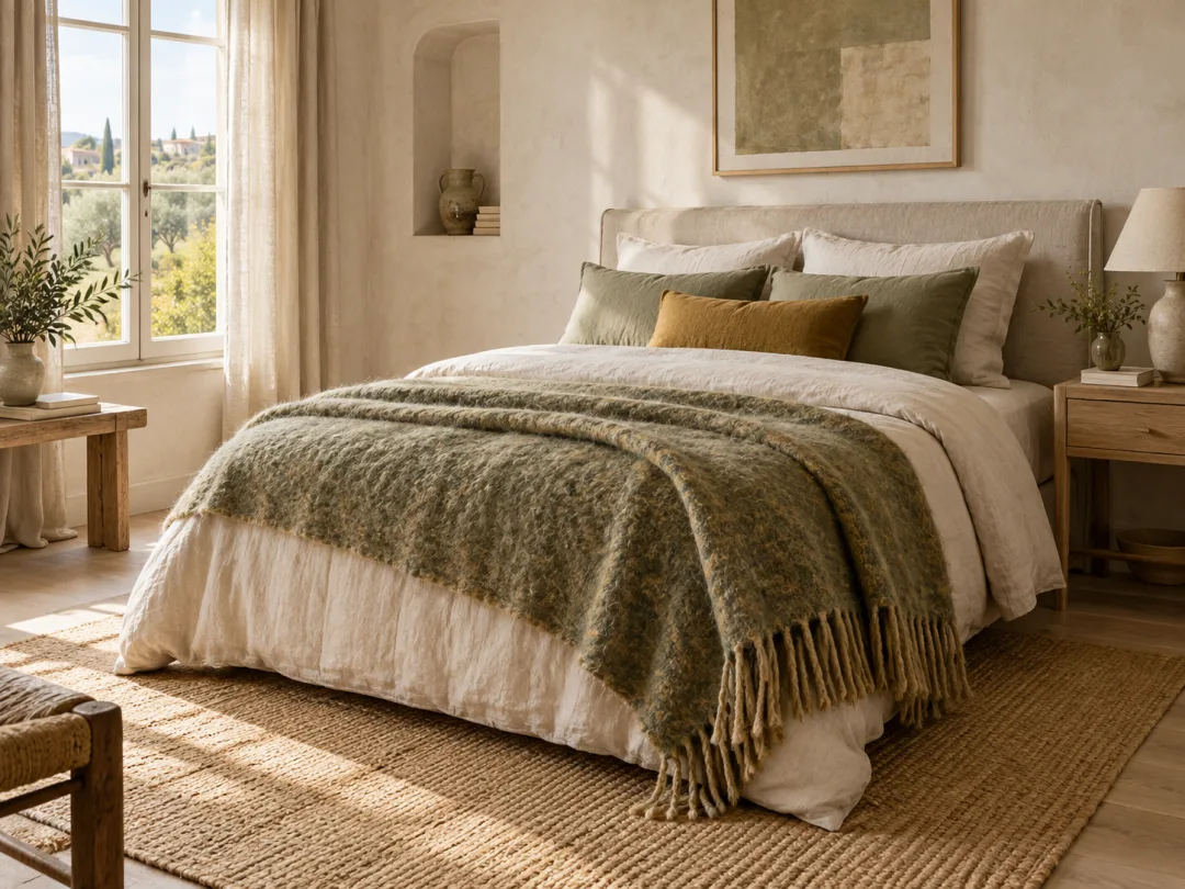Chambre apaisante avec plaid textile fabriqué en France