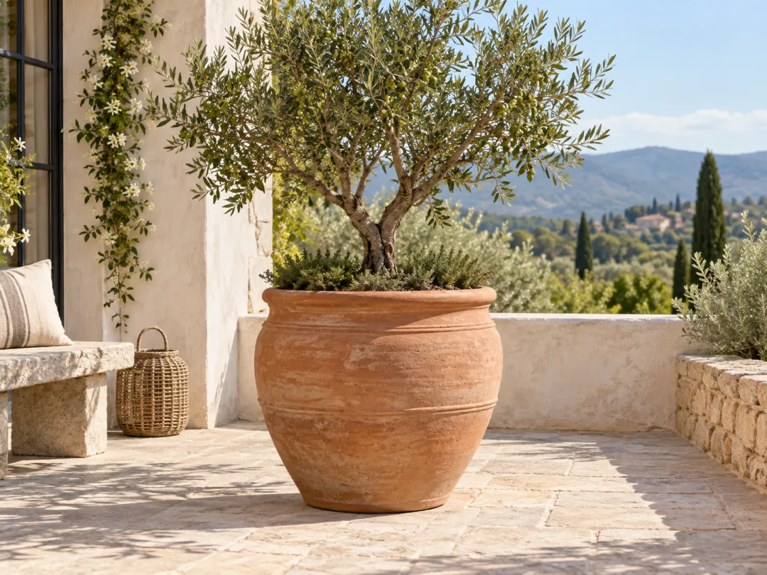 Terrasse ensoleillée avec grande poterie artisanale française