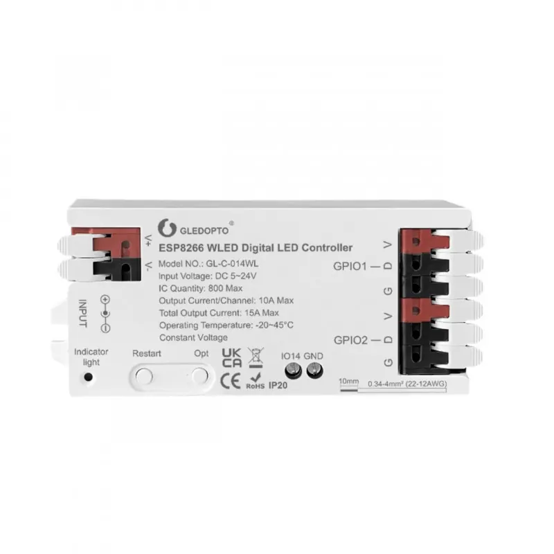 Gledopto GL-C-014WL – Contrôleur LED WLED ESP8266 5-24V 15A 800 ICs (WS2811,WS2812B, SM16703P, SK6812, TM1814)