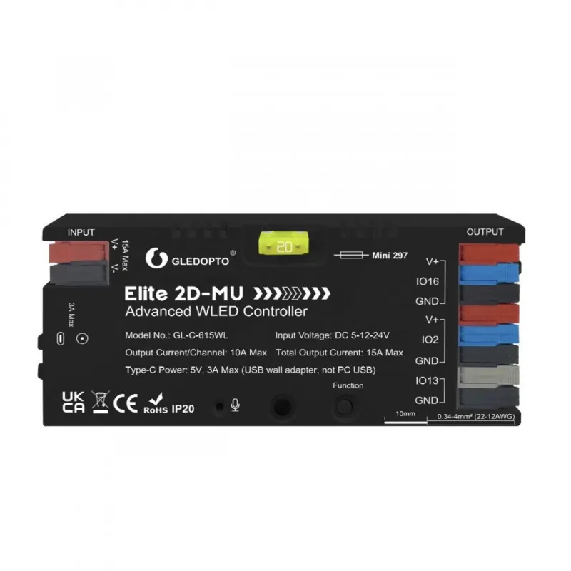 Gledopto GL-C-615WL – Contrôleur LED ESP32 WLED 5-24V DC 15A 2x800 ICs (WS2811, WS2812, SK6812, TM1814, WS2813, WS2815)