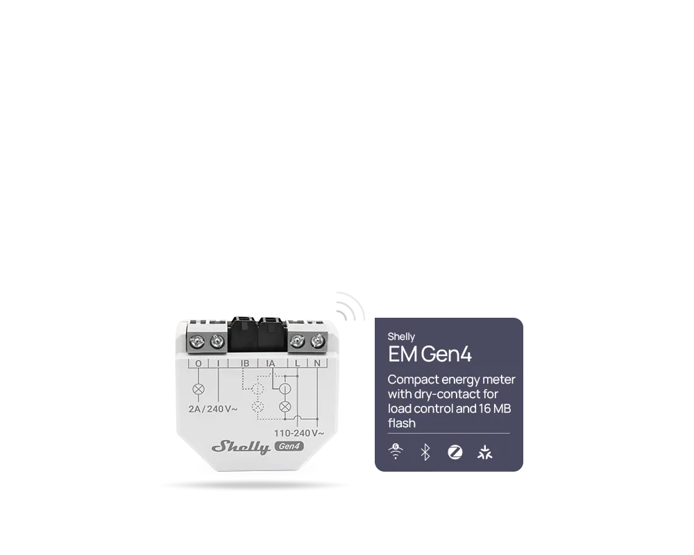 Shelly EM GEN4 – Compteur énergie Wi-Fi 6, Bluetooth, Zigbee, Matter + sortie contact sec